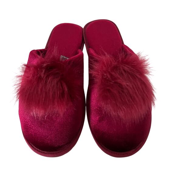 FARYLROBIN Pom Pom Velvet Slippers Sz 7 Burgundy Wine Grandma Mom Retro NWT - Picture 3 of 6